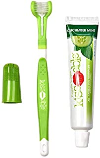 KISSABLE Dog Dental Kit Contains All-Natural Toothpaste + Gum-Hugging Toothbrush + Finger Brush | Best Toothpaste and Toothbrush Set | Made in USA, Large Dogs, Cucumber Mint