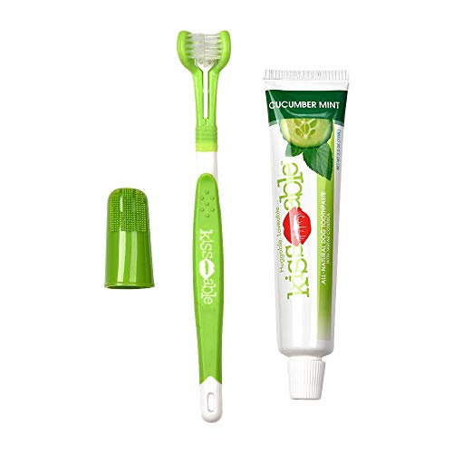 KISSABLE Dog Dental Kit Contains All-Natural Toothpaste + Gum-Hugging Toothbrush + Finger Brush | Best Toothpaste and Toothbrush Set | Made in USA, Large Dogs, Cucumber Mint