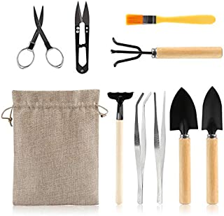 LIHAO 9 Piece Basic Bonsai Tools Set, Includes Pruning Shears, Mini Rake, Fold Scissors and More