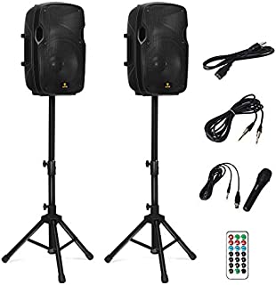 AKUSTIK Dual 2-Way Powered PA Speaker System, Portable DJ Speaker with Active + Passive Speakers, 2 Speaker Stands, Microphone, Bluetooth, USB/SD Card, FM Radio, Remote Control (Dual x 10 Inch)