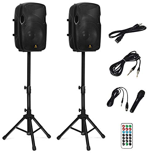 AKUSTIK Dual 2-Way Powered PA Speaker System, Portable DJ Speaker with Active + Passive Speakers, 2 Speaker Stands, Microphone, Bluetooth, USB/SD Card, FM Radio, Remote Control (Dual x 10 Inch)