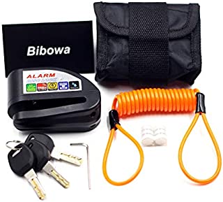 Bibowa Disc Brake Lock with Alarm - Anti -Theft Disc Lock Motorcycle Alarm with 110dB Alarm Sound 5ft Reminder Cable and Pouch Wheel Security Lock for Motorcycles Scooters Bikes