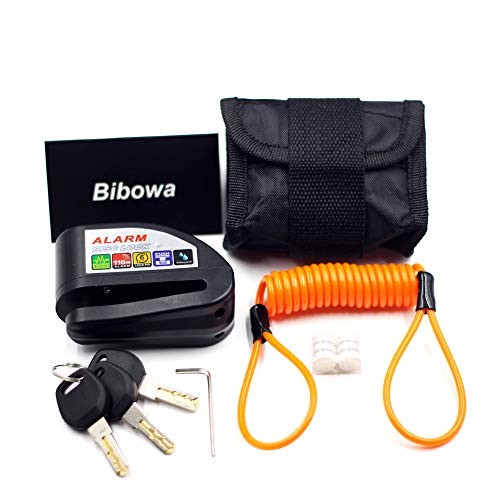 Bibowa Disc Brake Lock with Alarm - Anti -Theft Disc Lock Motorcycle Alarm with 110dB Alarm Sound 5ft Reminder Cable and Pouch Wheel Security Lock for Motorcycles Scooters Bikes