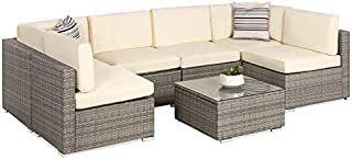 Best Choice Products 7-Piece Modular Outdoor Sectional Wicker Patio Furniture Conversation Set w/ 6 Chairs, 2 Pillows, Seat Clips, Coffee Table, Cover Included - Gray/Cream