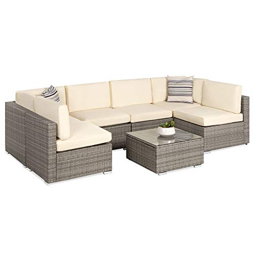 Best Choice Products 7-Piece Modular Outdoor Sectional Wicker Patio Furniture Conversation Set w/ 6 Chairs, 2 Pillows, Seat Clips, Coffee Table, Cover Included - Gray/Cream