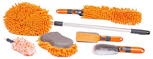 BIRDROCK HOME 6 PCS Car Wash and Cleaning Kit - Microfiber Cleaner  Auto Care - Exterior and Interior Cleaning  Tire Wheel Brush - Sponge - Duster - Extendable Cleaning Tool - Detailing Set