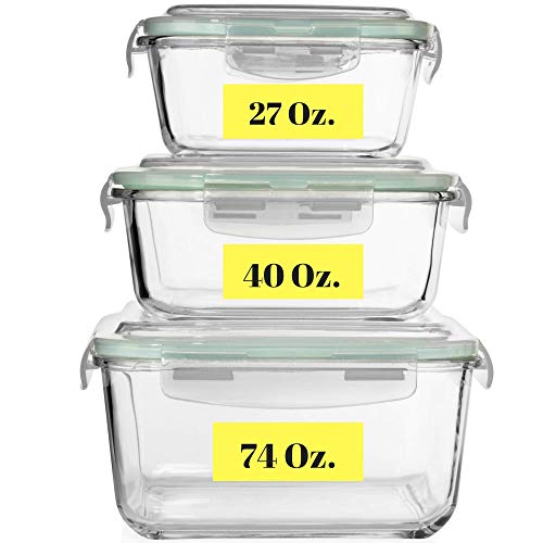 Extra Large Glass Food Storage Containers with Airtight Lid 6 Pc [3 containers with lids] Microwave/Oven/Freezer & Dishwasher Safe. BPA/PVC Free X-Large/Large/Medium Size Reusable Square container set