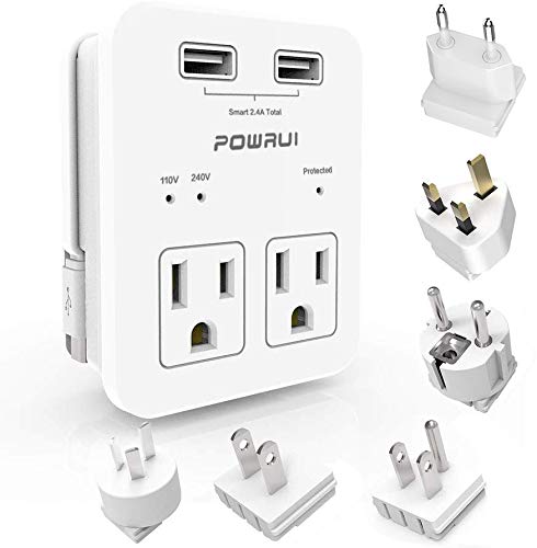 International Power Adapter, POWRUI Surge Protector Travel Adapter with 2 USB Ports & 2 US Outlets, Plug for Europe, UK, China, Australia, Japan, Fit for Laptop, Cell Phones (Not Voltage Converter)