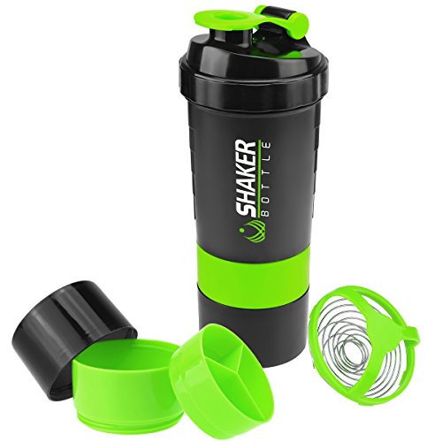 VIGIND Protein Shaker Bottle - Sports Water Bottle - Non Slip 3 Layer Twist Off 3oz Cups with Pill Tray - Leak Proof Shake Bottle Mixer- Protein Powder 16 oz Shake Cup with Storage