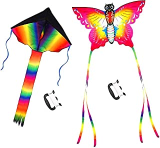 SINGARE Large Rainbow Delta and Butterfly Kites 2 Pack Easy Flyer Kites with Long Colorful Tail for Kids Adults Outdoor Game, Activities, Beach Trip, Great Gift to Kids Childhood Precious Memories