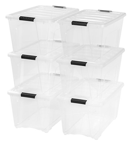 IRIS USA TB Clear Plastic Storage Bin Tote Organizing Container with Durable Lid and Secure Latching Buckles, 53 Qt, 6 Count