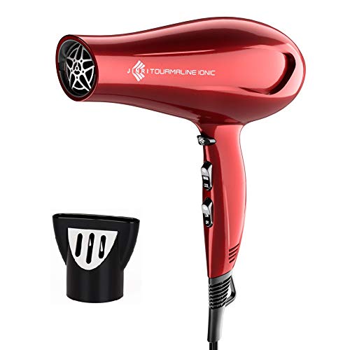 Jinri Hair Dryer Sterilization Professional Tourmaline, Negative Ionic Sterilization Blow Dryer with Concentrator, Lightweight Low Noise 1875W DC Motor Fast Dry Hair Blow Dryers, Red Color (Black)