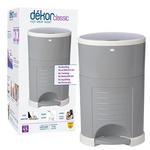 Dekor Classic Hands-Free Diaper Pail | Gray | Easiest to Use | Just Step  Drop  Done | Doesnt Absorb Odors | 20 Second Bag Change | Most Economical Refill System