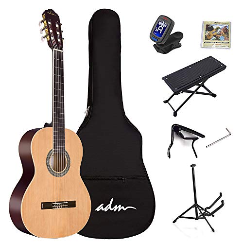 ADM Full Size Classical Nylon Strings Acoustic Guitar with Gig Bag, E-tuner, Footstool, Kids Student Beginner Kits, Nature