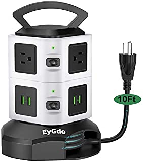 EyGde Power Strip Tower Surge Protector Retractable Cable, Multi Plug Electric Charging Station 13A 6 AC Outlets 3.1A 4 USB Ports, Upgrade from 6.5Ft to 10Ft Retractable Extension Cord for Home Office