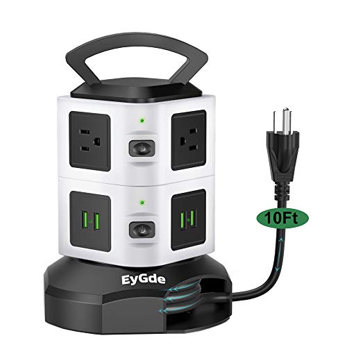 EyGde Power Strip Tower Surge Protector Retractable Cable, Multi Plug Electric Charging Station 13A 6 AC Outlets 3.1A 4 USB Ports, Upgrade from 6.5Ft to 10Ft Retractable Extension Cord for Home Office