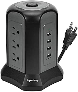 USB Power Strip Tower Surge Protector 10ft Extension Cord Desktop Charging Station 9 Outlets 4 USB 1080J Universal Voltage 110-240V Fire Proof Multiple Plug for PC Tablet Computer Office SUPERDANNY