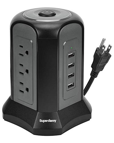 USB Power Strip Tower Surge Protector 10ft Extension Cord Desktop Charging Station 9 Outlets 4 USB 1080J Universal Voltage 110-240V Fire Proof Multiple Plug for PC Tablet Computer Office SUPERDANNY