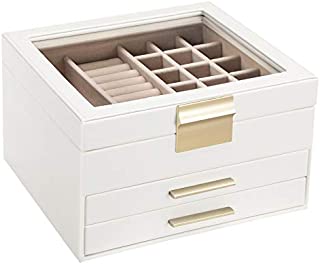 SONGMICS Jewelry Box with Glass Lid, 3-Layer Jewelry Organizer with 2 Drawers, Gift for Loved Ones, White UJBC239WT