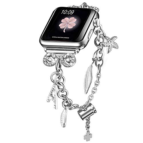 Secbolt Bling Bands Compatible with Apple Watch Bands 38mm 40mm iWatch SE Series 6/5/4/3/2/1, Women's Interchangeable Charms Adjustable Bracelet in Stainless Steel, Silver