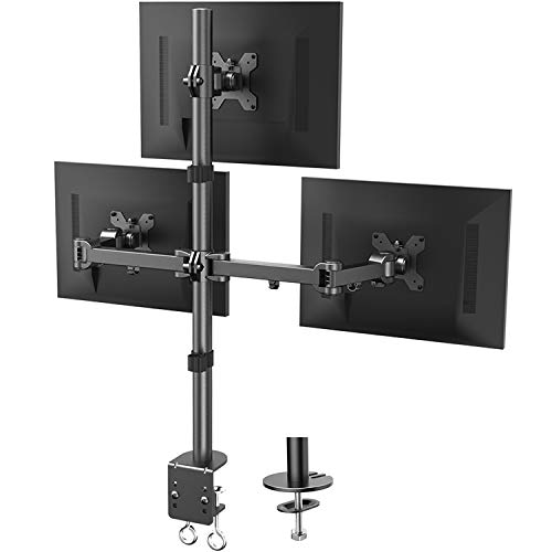 Huanuo Triple Monitor Stand - Free Standing Monitor Desk Mount Fully Adjustable for 3 Computer Screens up to 27 Inch Support Clamp, Grommet Mounting, Heavy Duty Vesa Mount Hold up to 17.6lbs Each Arm