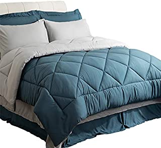 Bedsure Queen Size Bed in A Bag, Blue/Light Grey - Soft Microfiber, Reversible Bed Comforter Set 8 Pieces (1 Comforter, 2 Pillow Shams, 1 Flat Sheet, 1 Fitted Sheet, 1 Bed Skirt, 2 Pillowcases)