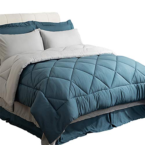 Bedsure Queen Size Bed in A Bag, Blue/Light Grey - Soft Microfiber, Reversible Bed Comforter Set 8 Pieces (1 Comforter, 2 Pillow Shams, 1 Flat Sheet, 1 Fitted Sheet, 1 Bed Skirt, 2 Pillowcases)