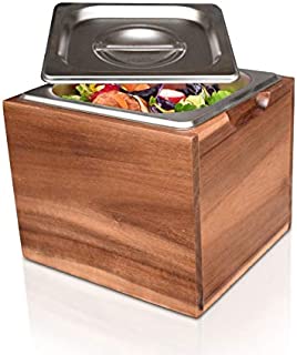 BelleMark Kitchen Compost Bin- Smell Proof, Rust Proof Stainless Steel Insert, Countertop Compost Bin with Lid and Acacia Wood Box- Small Compost Bin Kitchen