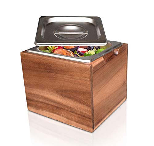 BelleMark Kitchen Compost Bin- Smell Proof, Rust Proof Stainless Steel Insert, Countertop Compost Bin with Lid and Acacia Wood Box- Small Compost Bin Kitchen