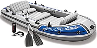 Intex 68325EP Excursion Inflatable 5 Person Heavy Duty Fishing Boat Raft Set with 2 Aluminum Oars & High Output Air Pump for Lakes & Mild Rivers, Gray