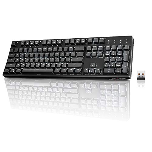 Wireless Mechanical Keyboard Ergonomic, Velocifire VM02WS 104-key Full Size with Brown Switches White Backlit & High Battery Lasting for Copywriters, Typists, Programmer(Black)