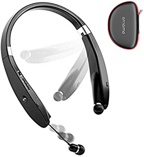 AMORNO Foldable Bluetooth Headphones Wireless Neckband Headset with Retractable Earbuds, Sports Sweatproof Noise Cancelling Stereo Earphones with Mic (Black) 