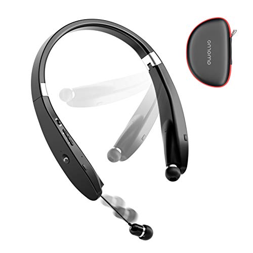 AMORNO Foldable Bluetooth Headphones Wireless Neckband Headset with Retractable Earbuds, Sports Sweatproof Noise Cancelling Stereo Earphones with Mic (Black) 