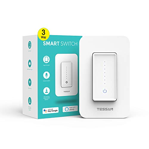 3 Way Smart Dimmer Switch, TESSAN WiFi Light Switch Work with Alexa and Google Home, Dimmable Wall Switch for LED lights Programmable Timer Schedule Wireless Remote Control, Neutral Wire Required