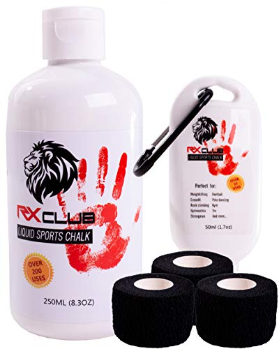 RxClub Liquid Chalk - 2-in-1 Bottles plus three Weightlifting Tape - 2 Bottles Combo of 250 & 50 ML - Improves Your Grip on The bar- Perfect for CrossFit, Climbing, Gymnastics, Deadlift & other Sports