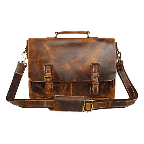 16 inch Genuine Leather Briefcase Bag - Crossbody Laptop Satchel by Rustic Town (Brown)