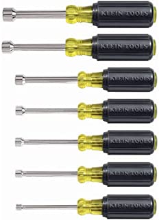 Klein Tools 631 Tool Set, Nut Driver Set w/Hex Nut Sizes 3/16, 1/4, 5/16, 11/32, 3/8, 7/16 and 1/2-Inch on 3-Inch Full Hollow Shaft, 7-Piece