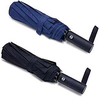 PFFY 2 PACK Compact Travel Umbrella Windproof Collapsible 10 RIBS Auto Open & Close Folding Small Umbrella Black + Blue