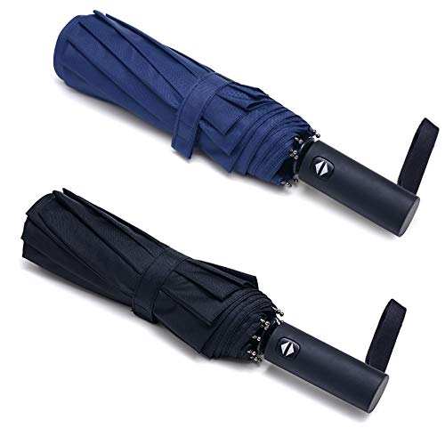 PFFY 2 PACK Compact Travel Umbrella Windproof Collapsible 10 RIBS Auto Open & Close Folding Small Umbrella Black + Blue