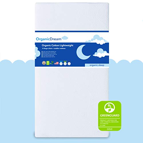 Organic Dream Crib and Toddler Mattress - Organic Cotton 2-Stage Lightweight - 100% Breathable & Hypoallergenic, Proven to Reduce Suffocation, GREENGUARD Certified