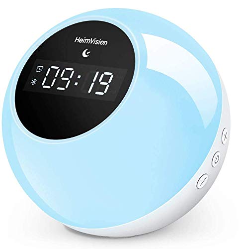 heimvision Music Wake Up Light, Sunrise Digital Alarm Clock with Snooze Sleep Aid Function, 6 Nature Sounds 7 Colored LED Night Light Wireless Speaker for Home, Kids, Party, Camping