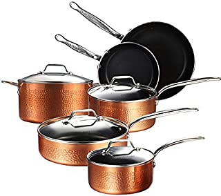 AMERICOOK,10-Piece Hammered Nonstick Copper Cookware Set - Aluminium Pots and Pans Set - Includes: Frying Pans, Pots, Saucepan, Saute Pan, Casserole with Glass Lids - Induction Hob Compatible