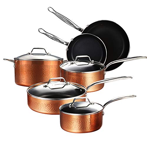 AMERICOOK,10-Piece Hammered Nonstick Copper Cookware Set - Aluminium Pots and Pans Set - Includes: Frying Pans, Pots, Saucepan, Saute Pan, Casserole with Glass Lids - Induction Hob Compatible