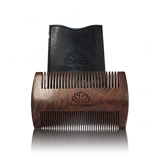 ONE DAY SALE! Beard Comb for Men, Wooden Natural Sandalwood, Fine Dual Action Teeth Beard Comb, Handmade Premium Sandal Wood, Fine&Coarse Tooth Perfect for Balms and Oils, Includes PU Leather Case