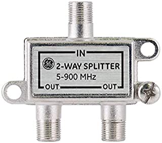 GE 2-Way Coaxial Cable Splitter, 5-900 Mhz Range, RG59 RG6 Coax Compatible, Audio, Video, Works with HD TV, Cable, Amplifiers, Amplified Antennas, Nickel, Corrosion Resistant, 35046