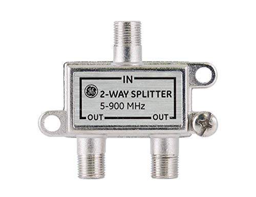 GE 2-Way Coaxial Cable Splitter, 5-900 Mhz Range, RG59 RG6 Coax Compatible, Audio, Video, Works with HD TV, Cable, Amplifiers, Amplified Antennas, Nickel, Corrosion Resistant, 35046