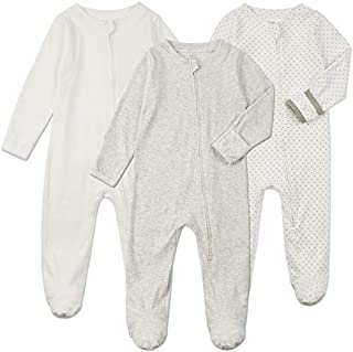 Baby Footed Pajamas Zipper with Mittens - 3 pcs Unisex Baby Cotton One-Piece Footies Onesie Pjs Sleep Play Outfit(White/Grey/Dot, 3-6Months)