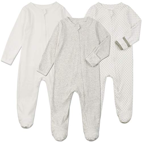 Baby Footed Pajamas Zipper with Mittens - 3 pcs Unisex Baby Cotton One-Piece Footies Onesie Pjs Sleep Play Outfit(White/Grey/Dot, 3-6Months)