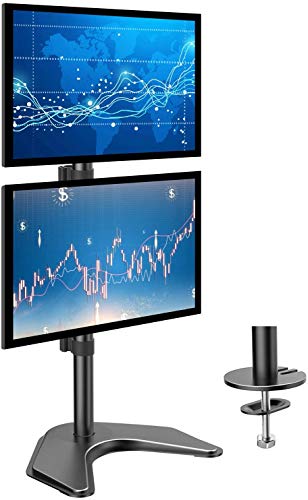 HUANUO Dual Monitor Stand - Vertical Stack Screen Free-Standing Holder LCD Desk Mount Fits Two 13 to 32 Inch Computer Monitors with C Clamp Grommet Base