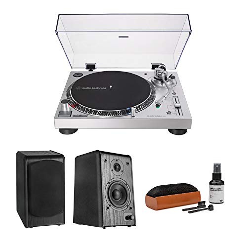 Audio-Technica ATLP120XUSB USB Turntable (Silver) Bundle with Microlab Pro1 Bookshelf Speaker Pair and Knox Gear Vinyl Record Care System Package (3 Items)